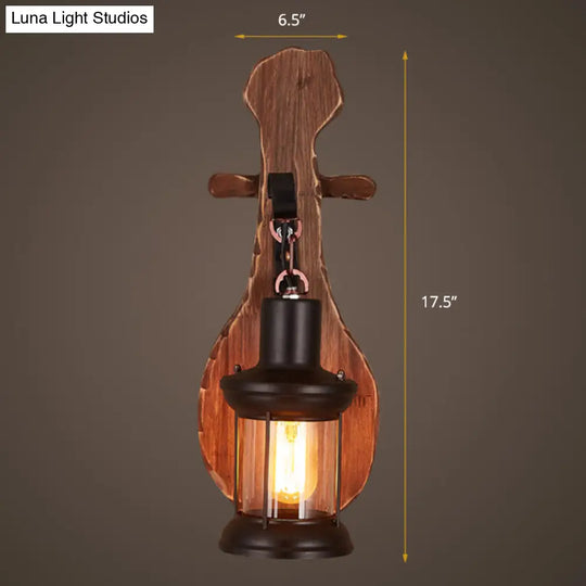 Nautical Wood Sconce Wall Light With Lantern Lampshade - Novelty Guitar Design