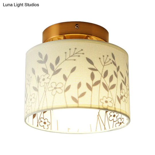 Nordic 1-Bulb Fabric Cylinder Flush Mount Light With Flower/Deer Pattern For Foyer