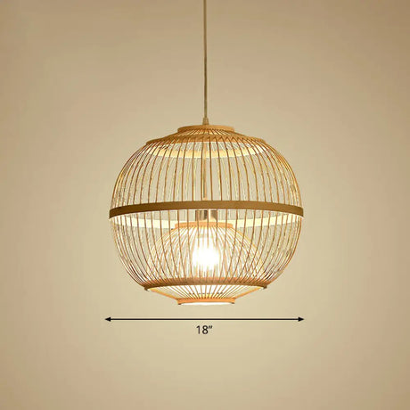 Nordic 1-Head Bamboo Pendant Lamp - Wood Cage Suspension Light For Dining Room / 18’