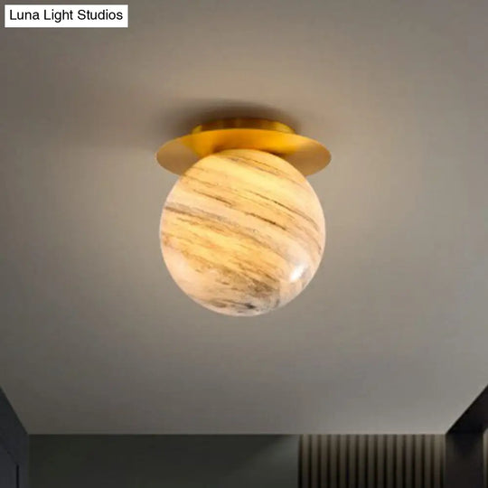 Nordic 1-Light Stained Glass Flush Mount Lamp: Elegant Brass Finish Ceiling Light For Corridor