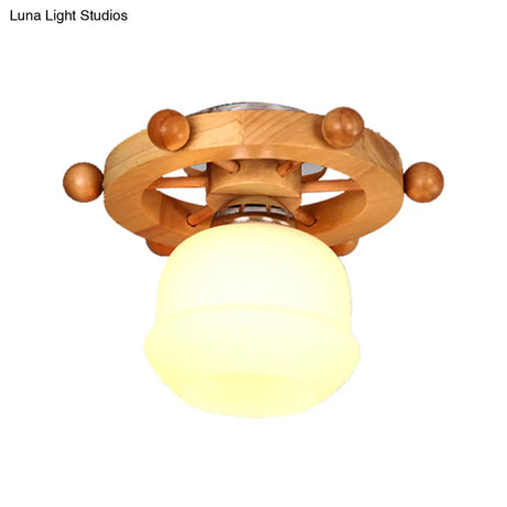Nordic 1-Light White Glass Flushmount Ceiling Light With Wheel Backplate - Ideal For Bathrooms
