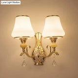 Nordic 2-Light Wall Sconce In Gold With Ribbed Glass Bell Shade: Elegant Living Room Lighting