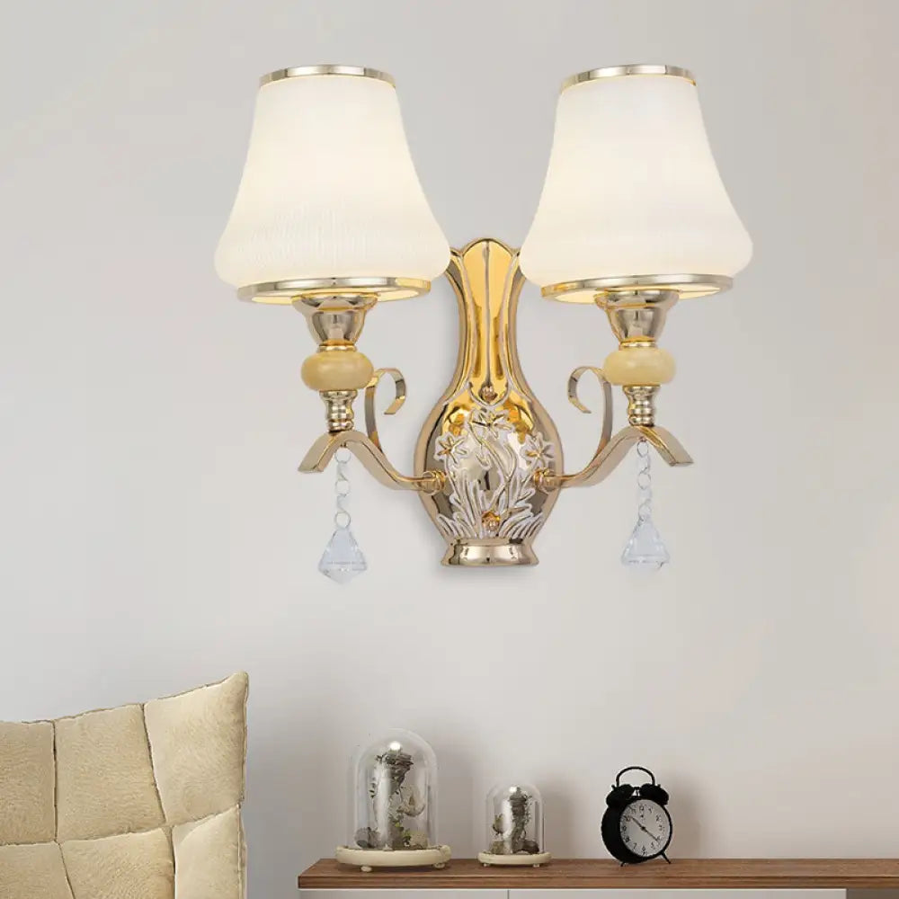 Nordic 2-Light Wall Sconce In Gold With Ribbed Glass Bell Shade: Elegant Living Room Lighting
