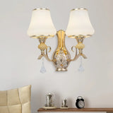 Nordic 2-Light Wall Sconce In Gold With Ribbed Glass Bell Shade: Elegant Living Room Lighting