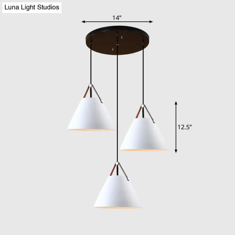 Nordic 3-Light Pendant Cluster With Conical Metal Shade & Leather Strap