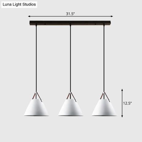 Nordic 3-Light Pendant Cluster With Conical Metal Shade & Leather Strap