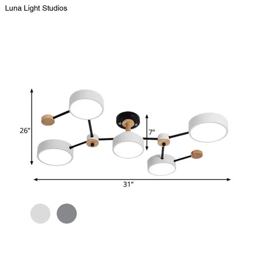 Nordic 5-Bulb Semi Flush Ceiling Lamp With Vine Design In White/Grey