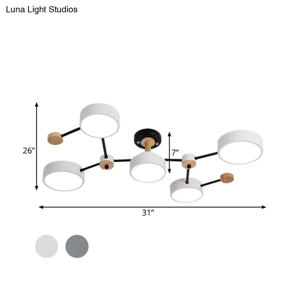 Nordic 5-Bulb Semi Flush Ceiling Lamp With Vine Design In White/Grey