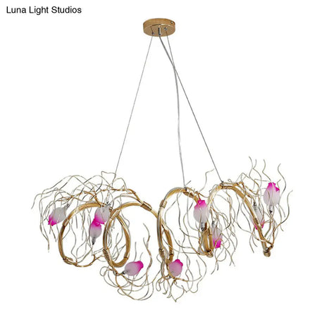 Nordic 8-Light Chandelier With Gold Branch And Glass Rose Pendant For Dining Room