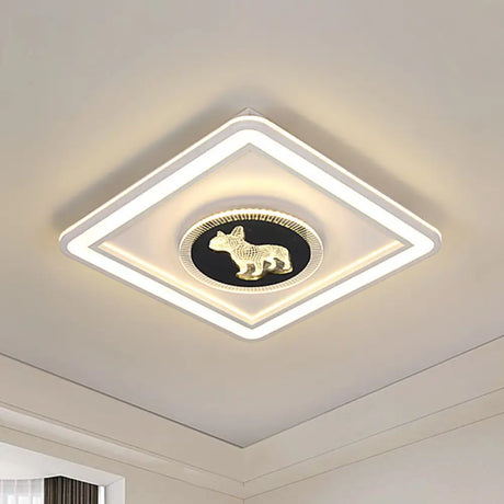 Nordic Animal Pattern Led Flush Lamp For Bedroom - Square/Round Mount In Black And White Black -