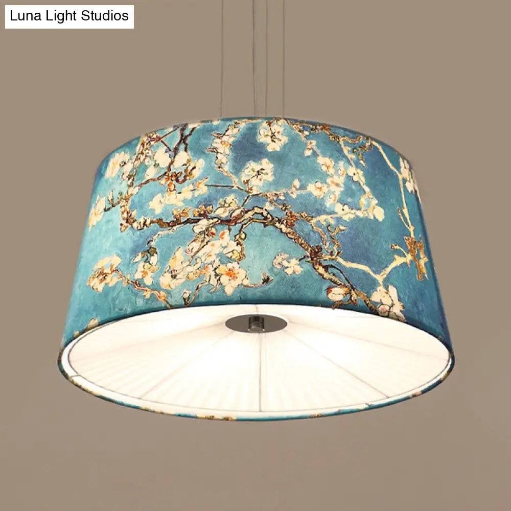Nordic Apricot Design Drum Chandelier - 4 Light Pendant For Living Room In White/Blue/Beige Fabric