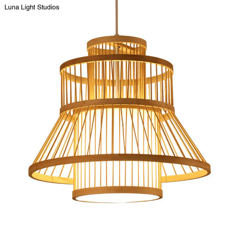 Nordic Bamboo Pendant Light Fixture - Wood Flared Design For Diners