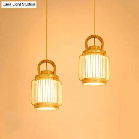 Nordic Beige Water Jug Pendant Light With Wood Shade - 2 Heads Hanging Lamp Multi-Light Ceiling