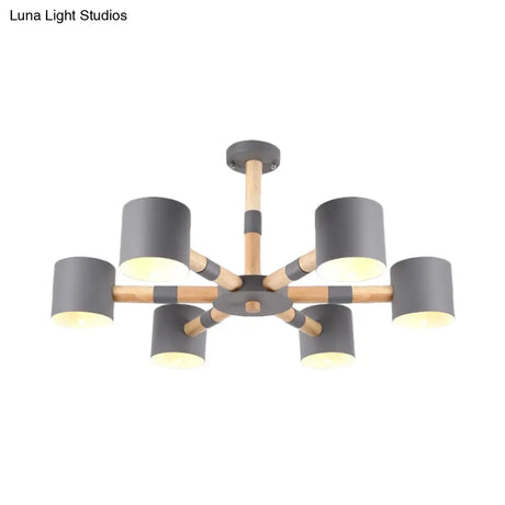 Nordic Chandelier: Metal & Wood Cylinder Shade Hotel Hanging Light With 6 Heads
