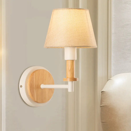 Nordic Conical Fabric Wall Mount Light With Right Angled Arm - 1-Bulb Black/White Lamp White/Beige