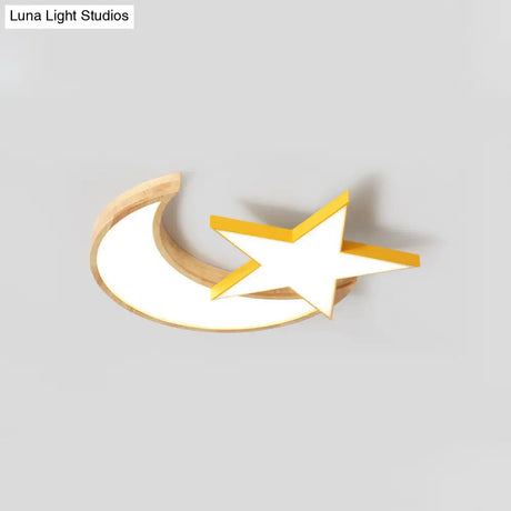 Nordic Crescent & Moon Led Ceiling Light For Kindergarten - Acrylic Wood Finish