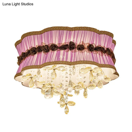 Nordic Crystal Floral Flushmount Light With Sheer Fabric Shade - Coffee/Pink 6-Bulb Close To Ceiling