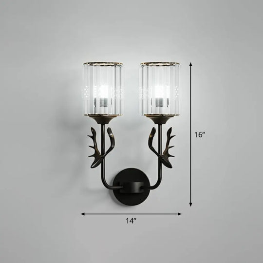 Nordic Crystal Prism Wall Sconce With Antler Design - Cylinder Mount Light 2 / Black