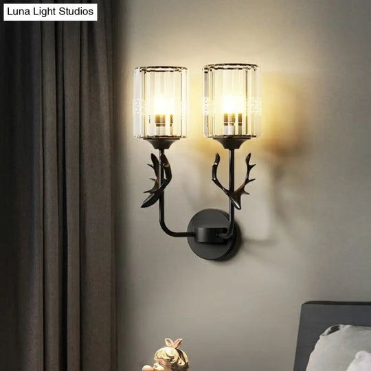 Nordic Crystal Prism Wall Sconce With Antler Design - Cylinder Mount Light