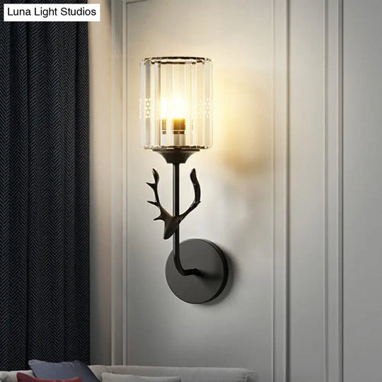 Nordic Crystal Prism Wall Sconce With Antler Design - Cylinder Mount Light