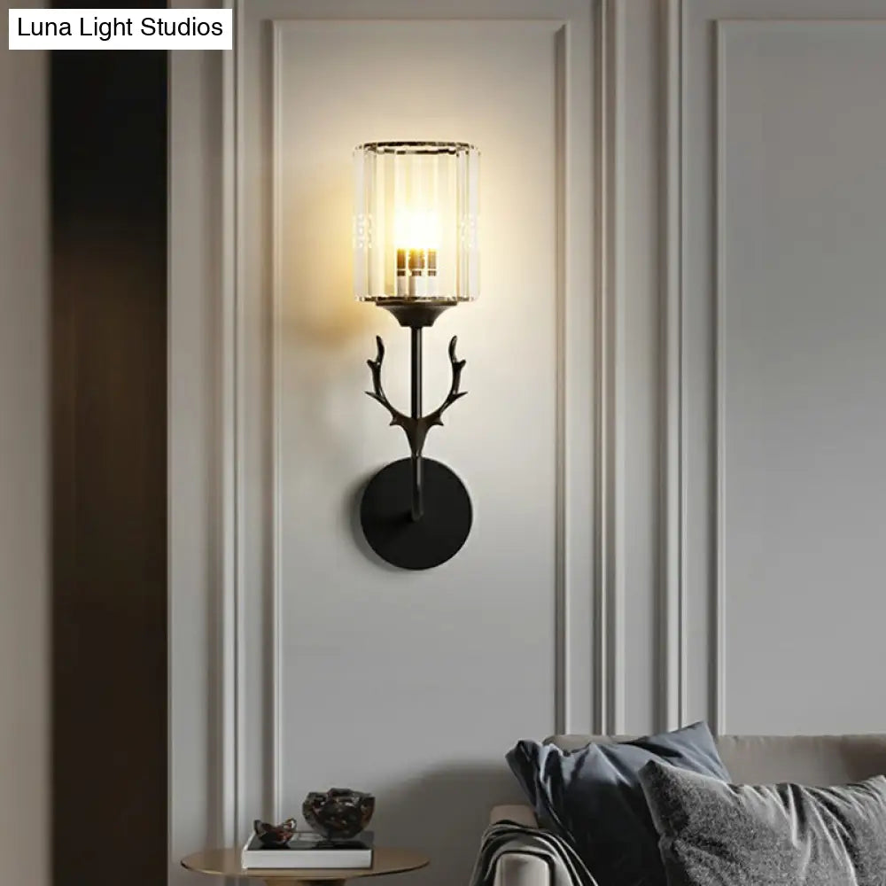 Nordic Crystal Prism Wall Sconce With Antler Design - Cylinder Mount Light