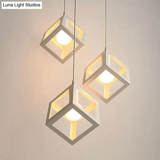 Nordic Cube Frame Metal Ceiling Pendant Light In White - 1-Head Down Lighting