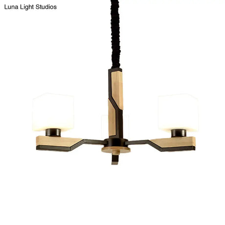 Nordic Cube-Shaped Ceiling Lamp With Wooden Chandelier For Living Room (3 Or 5 Heads)