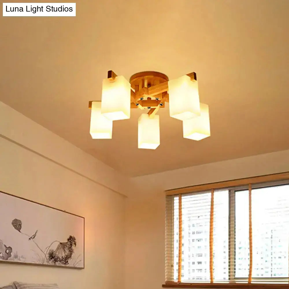 Nordic Cuboid Cream Glass Ceiling Lamp - Beige Semi Flush Mount Light For Living Room (3/5/8 Bulbs)