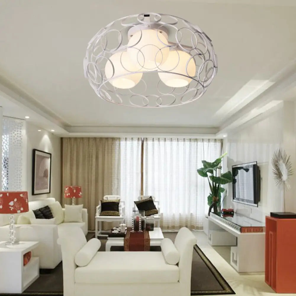 Nordic Drum Iron Cage Ceiling Light With Ball Glass Shade In White/Black – Perfect For Dining