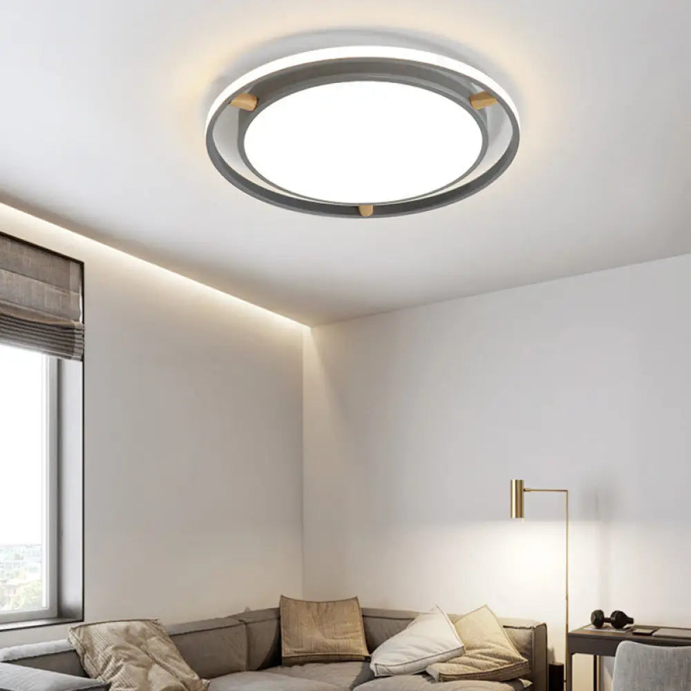 Nordic Dual Circle Led Ceiling Flush Light With Wood Arm - White/Green/Grey Thin Flushmount