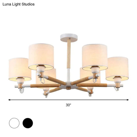 Nordic Fabric 6-Light Drum Pendant Chandelier For Bedroom - Black/White