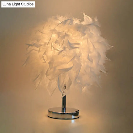 Nordic Feather Cylinder Nightstand Lamp - Elegant 1 Bulb Table Light For Bedroom With White/Chrome
