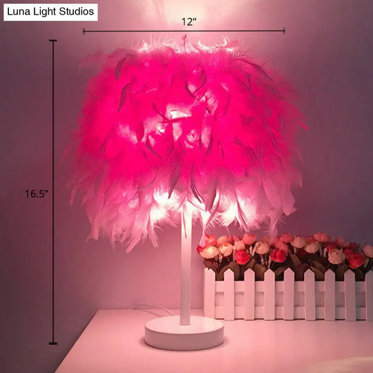 Nordic Feather Cylinder Table Lamp: Single-Bulb Nightstand Lighting For Bedroom