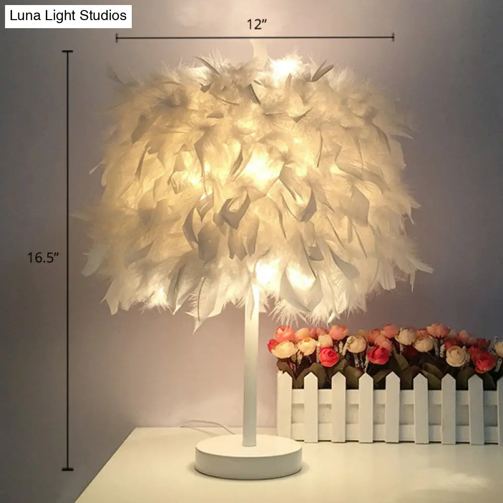 Nordic Feather Cylinder Table Lamp: Single-Bulb Nightstand Lighting For Bedroom