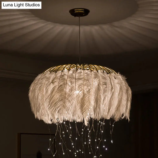 Nordic Feather Bedroom Ceiling Pendant Light: Round Chandelier With Firefly Led String