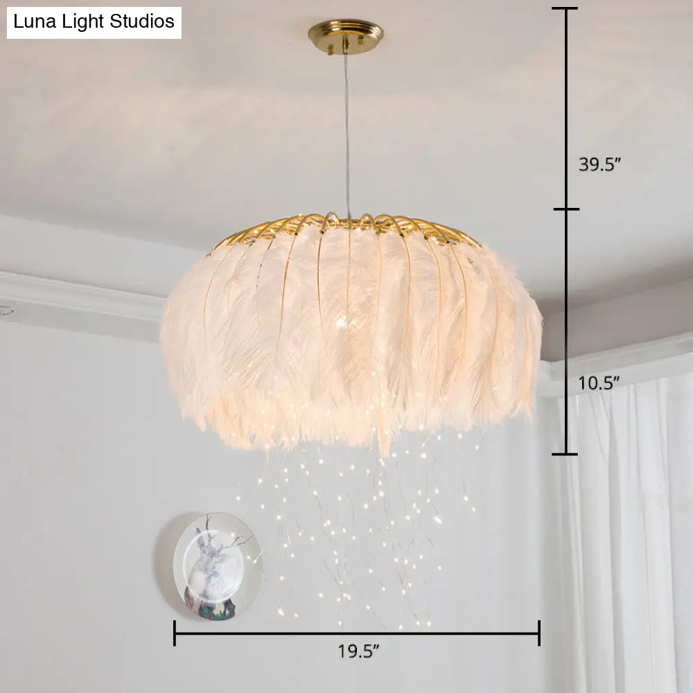 Nordic Feather Round Chandelier - Led Pendant Light For Bedroom With Firefly String