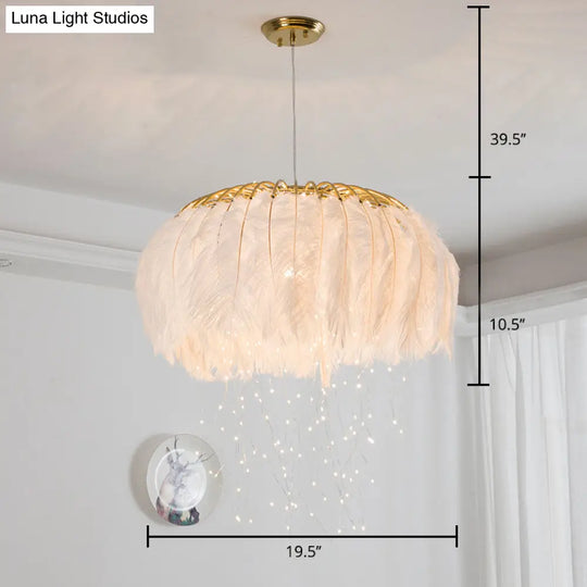 Nordic Feather Round Chandelier - Led Pendant Light For Bedroom With Firefly String