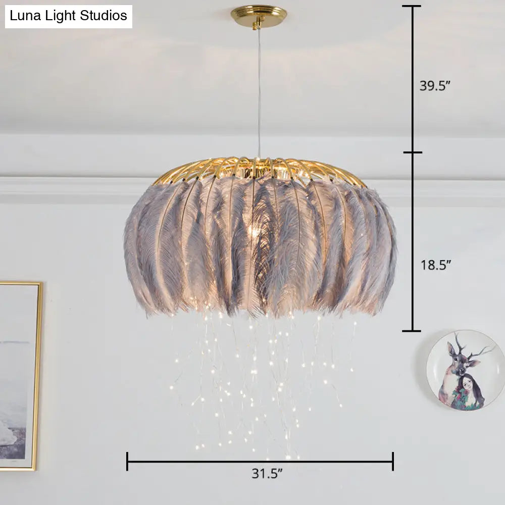 Nordic Feather Bedroom Ceiling Pendant Light: Round Chandelier With Firefly Led String