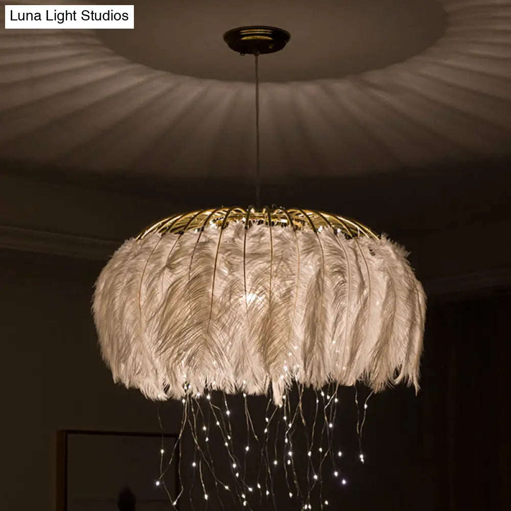 Nordic Feather Round Chandelier - Led Pendant Light For Bedroom With Firefly String