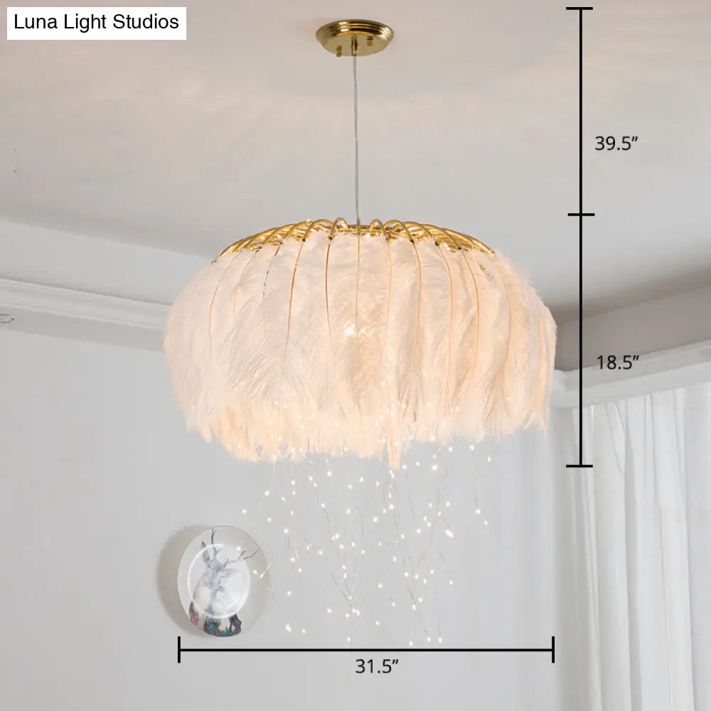 Nordic Feather Round Chandelier - Led Pendant Light For Bedroom With Firefly String