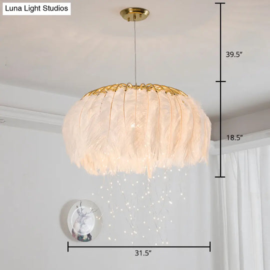 Nordic Feather Round Chandelier - Led Pendant Light For Bedroom With Firefly String