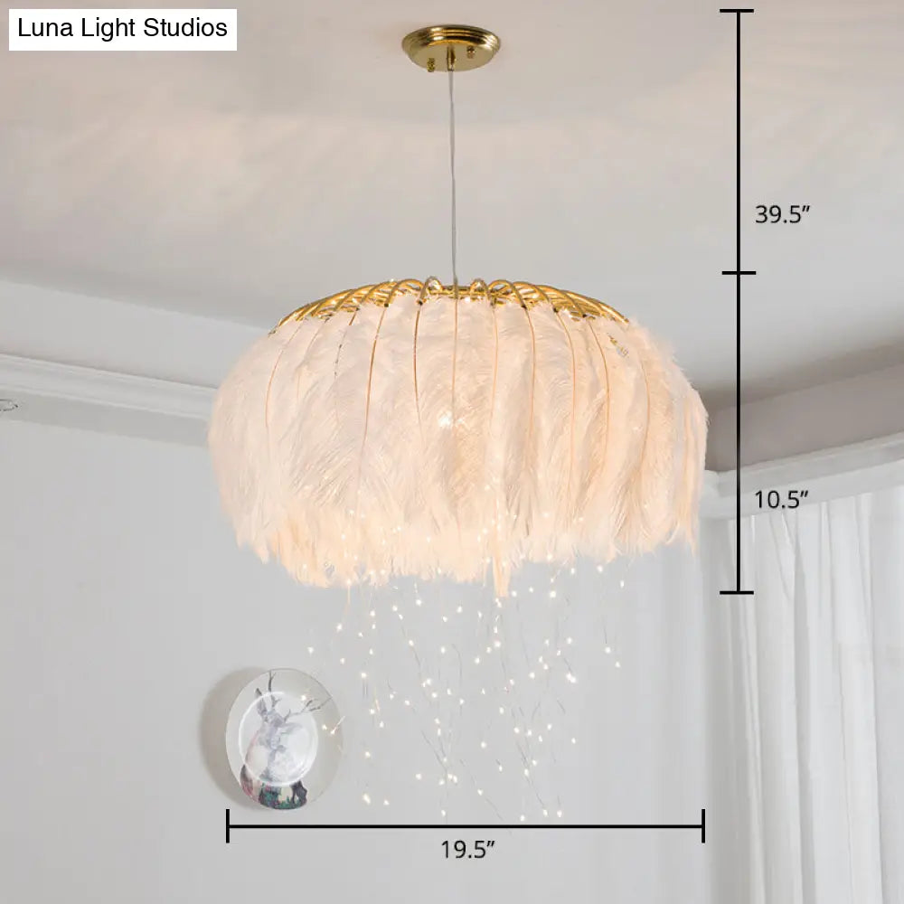 Nordic Feather Bedroom Ceiling Pendant Light: Round Chandelier With Firefly Led String
