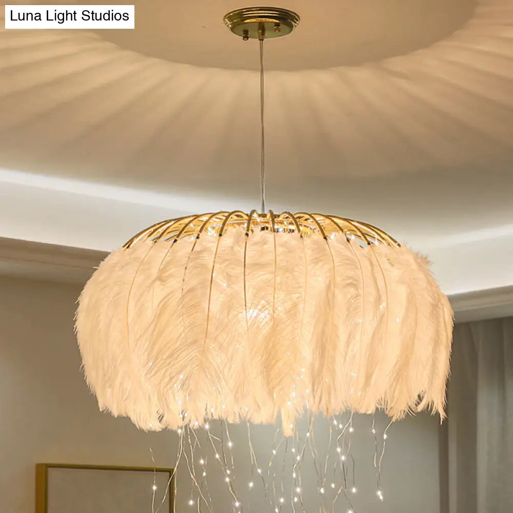 Nordic Feather Bedroom Ceiling Pendant Light: Round Chandelier With Firefly Led String