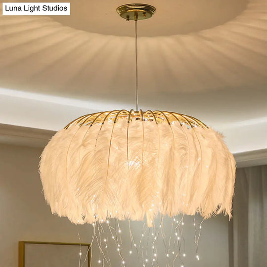 Nordic Feather Bedroom Ceiling Pendant Light: Round Chandelier With Firefly Led String