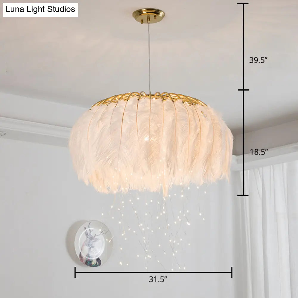 Nordic Feather Bedroom Ceiling Pendant Light: Round Chandelier With Firefly Led String