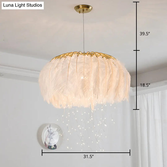 Nordic Feather Bedroom Ceiling Pendant Light: Round Chandelier With Firefly Led String