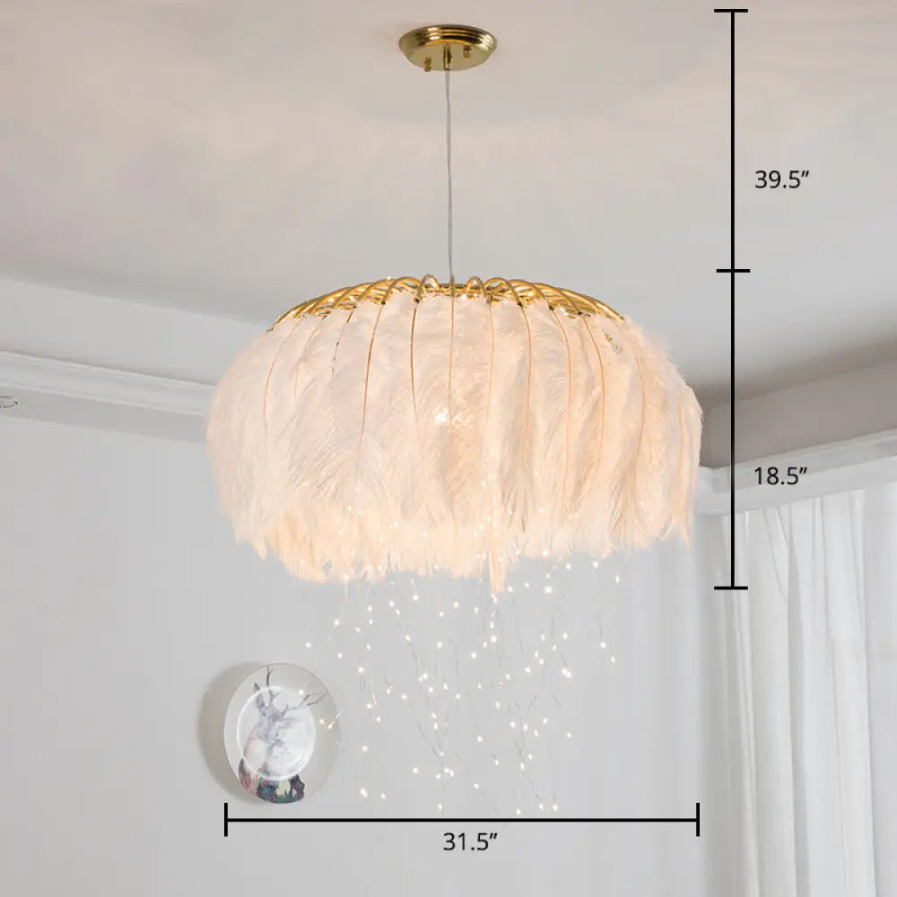 Nordic Feather Bedroom Ceiling Pendant Light: Round Chandelier With Firefly Led String