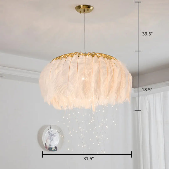 Nordic Feather Bedroom Ceiling Pendant Light: Round Chandelier With Firefly Led String