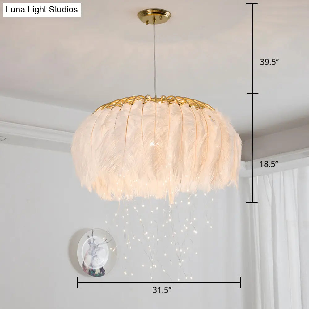 Nordic Feather Round Chandelier - Led Pendant Light For Bedroom With Firefly String