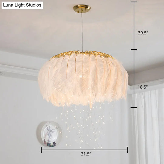 Nordic Feather Round Chandelier - Led Pendant Light For Bedroom With Firefly String